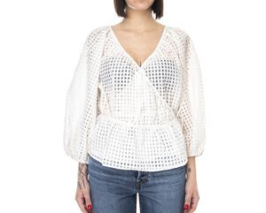 LEVIS Top Delilah Wrap Surplice Blouse Peplum Sheer Windowpane Off White small